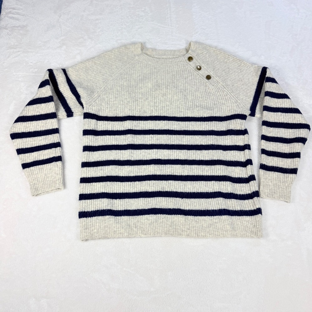 Knox Rose Breton Stripe Sweater Womens L Cream Navy Button Shoulder Nautical